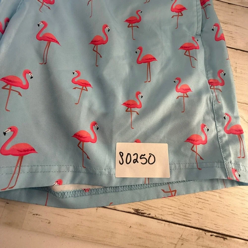 LRD Performance Mens Flamingo Print Swim Trunks‎ Light Blue Pink Size Large